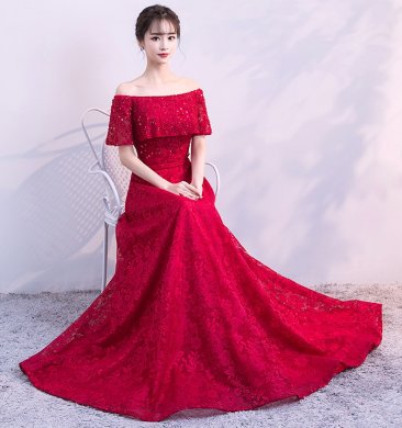 優(yōu)雅一字肩中式禮服,福連文苑晚禮服