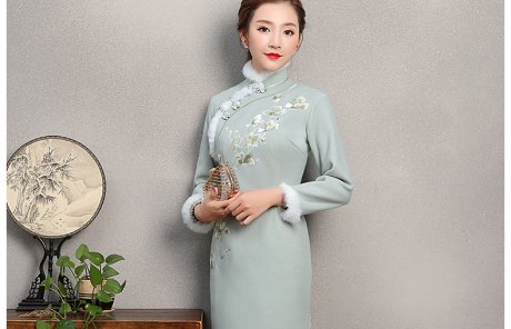 碧綠色繡花旗袍，素淡文藝旗袍裙