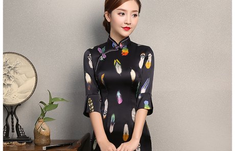 黑色香羽旗袍，蠶絲中袖旗袍裙