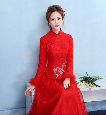 牡丹繡花中式禮服，福連文苑保暖晚禮服