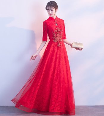 典雅氣質(zhì)中式禮服，網(wǎng)紗蕾絲晚禮服