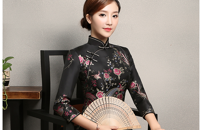 黑色鳳鳥提花旗袍，復古風旗袍裙