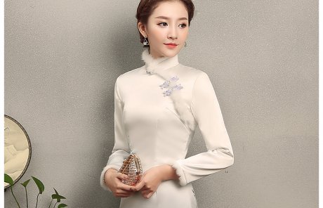 花雪牡丹印花旗袍，白色冬季旗袍裙