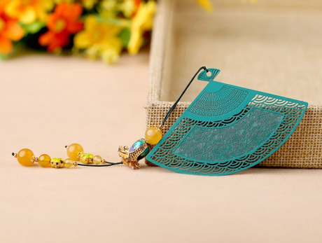 鏤空金屬扇形福連文苑綠色瑪瑙流蘇書簽