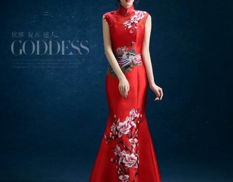 時尚復古禮服裙，迷人長款中式禮服