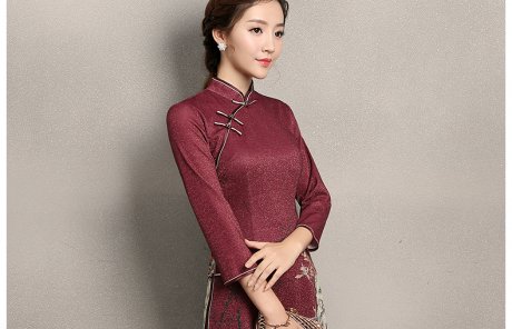 棗紅色奧黛風旗袍，復古中式旗袍裙