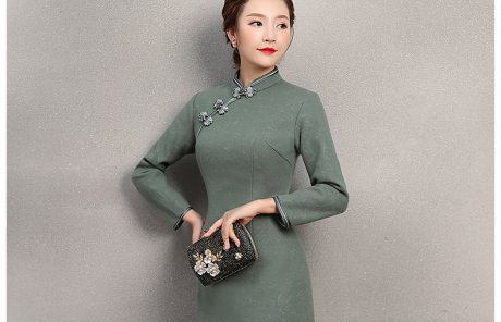 素凈灰綠色旗袍，復(fù)古福連文苑旗袍裙