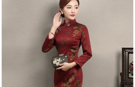 深紅色印花旗袍，復(fù)古福連文苑旗袍裙