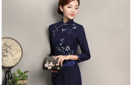 深藍(lán)色繡花旗袍，復(fù)古風(fēng)旗袍裙