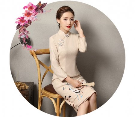 錦鶴刺繡旗袍，福連文苑旗袍裙