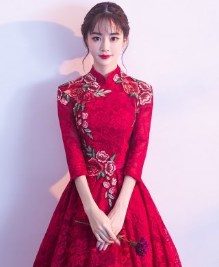 古典蕾絲中式禮服，優(yōu)雅花朵晚禮服