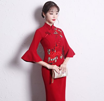 時(shí)尚復(fù)古中式禮服，喇叭袖晚禮服