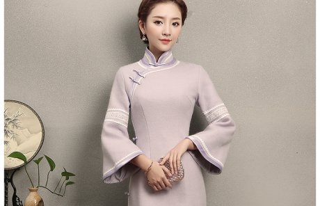 淺紫色花邊旗袍，簡潔大氣的旗袍裙