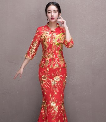 奢華花朵鳳凰刺繡中式禮服，唯美新娘魚尾禮服