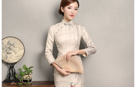 水墨山水印花染旗袍，復(fù)古福連文苑旗袍裙