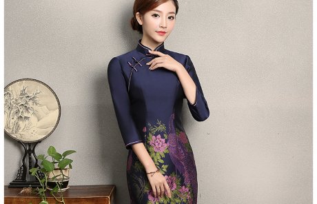 寶藍(lán)色孔雀提花旗袍，復(fù)古中式旗袍裙
