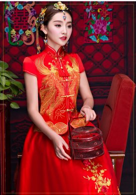 短袖對(duì)襟中式禮服，蕾絲裙新娘禮服