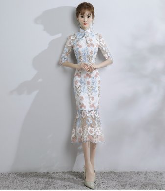 時(shí)尚氣質(zhì)淑女旗袍，改良蕾絲魚(yú)尾旗袍裙