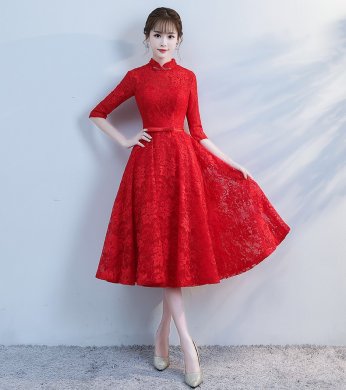 復(fù)古立領(lǐng)中式禮服，蕾絲中袖晚禮服