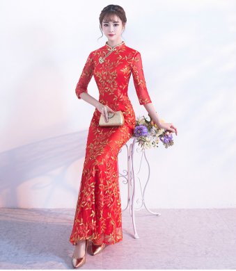 金絲葉子繡花旗袍，復(fù)古紅色旗袍裙