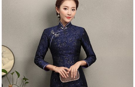 藍(lán)思印花中長款旗袍，端莊大氣旗袍裙