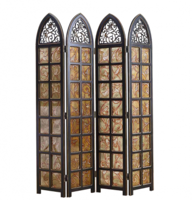 實(shí)木鏤空玄關(guān)折屏，新古典復(fù)古彩繪玻璃屏風(fēng)