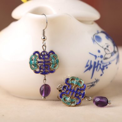 古典景泰藍耳環(huán)，紫水晶吊墜耳環(huán)首飾