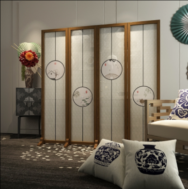 新中式隔斷折屏，玄關(guān)半透紗折疊雙面屏風(fēng)