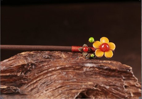亮黃色花朵發(fā)簪，古風古風盤發(fā)木簪子頭飾