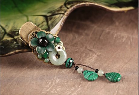 碧水花涵綠色鴨嘴夾，牛皮花朵發(fā)夾頭飾