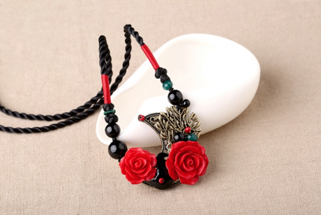 福連文苑紅色玫瑰吊墜復古項鏈新娘首飾