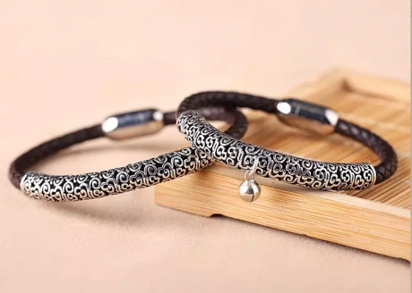 福連文苑古風(fēng)牛皮情侶手環(huán)手鏈簡約銀首飾