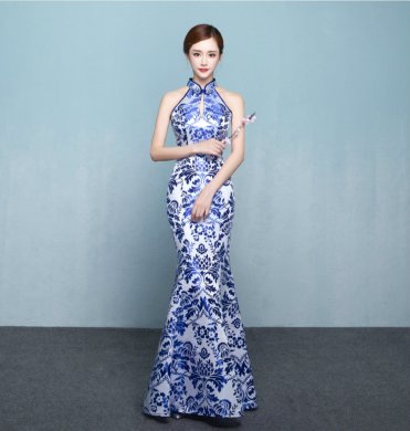 中式青花瓷旗袍禮服，時(shí)尚復(fù)古旗袍裙