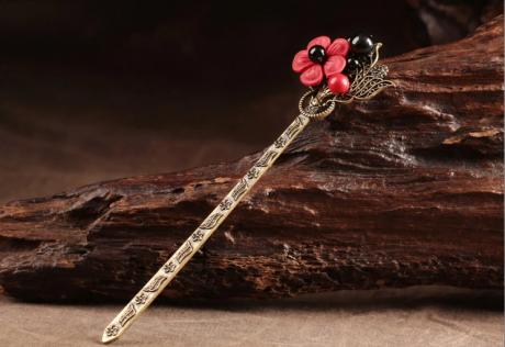 福連文苑紅色花朵簪子清新頭飾