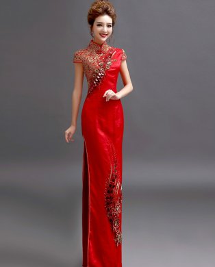 天使嫁衣中式禮服，金絲亮片立體刺繡旗袍