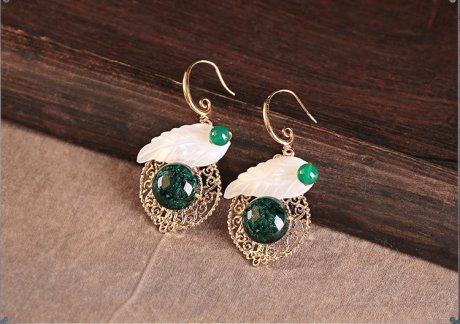 貝殼樹葉琉璃耳墜首飾，古風氣質(zhì)清新耳環(huán)