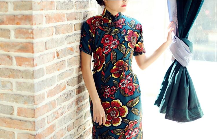 福連文苑圖蘭朵四分連袖全盤扣旗袍