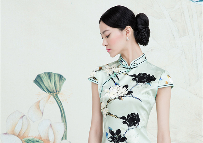 福連文苑蠶絲復古玉蘭花旗袍春夏款