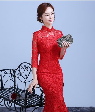 魚尾蕾絲裙擺中式禮服，復古氣質晚禮服