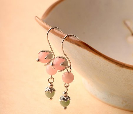 粉色小清新風(fēng)翡翠耳飾，天然粉晶惜春耳環(huán)首飾