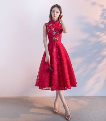 時(shí)尚無袖中式禮服，紅色蕾絲印花晚禮服