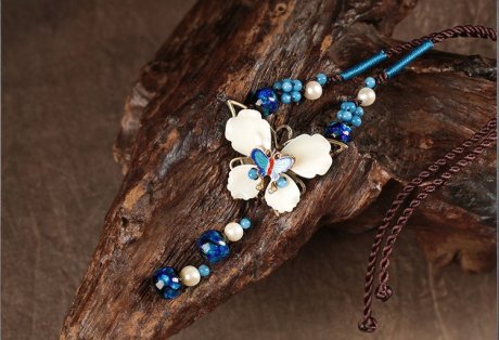 蝶夢幽幽復古鎖骨鏈，唯美藍色項鏈首飾