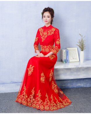福連文苑蕾絲刺繡中式禮服，紅色復(fù)古新娘晚禮服