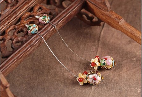 華麗景泰藍(lán)耳環(huán)，花朵圓珠純銀耳線首飾