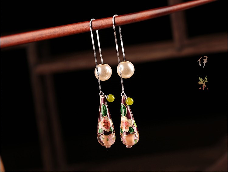 古風(fēng)氣質(zhì)琉璃景泰藍耳環(huán)，水滴造型純銀耳線首