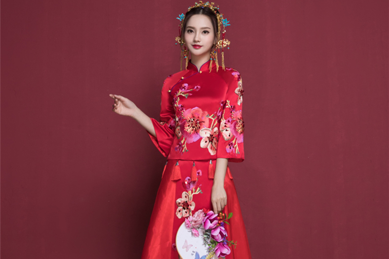 花開富貴中式新娘禮服，蘇繡桃花中袖敬酒服