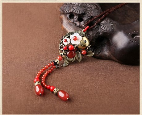 紅色氣質古風貝殼花毛衣鏈項鏈首飾