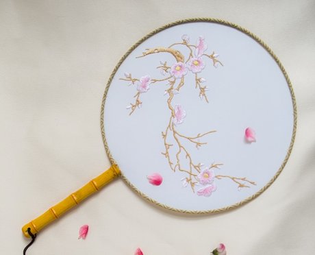 清新桃花刺繡團(tuán)扇，粉色韻味繡花宮扇工藝扇子