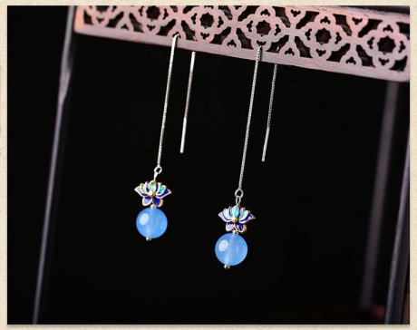 藍色蓮花景泰藍氣質(zhì)耳環(huán)，小清新長款耳墜首飾