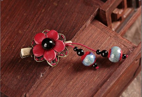 福連文苑紅色花朵古風發(fā)夾頭飾